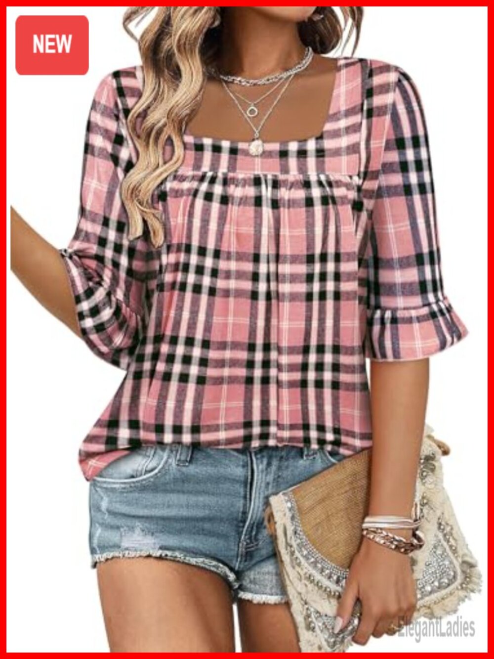 3/4 Sleeve Square Neck Ruffle Tunic Top Dressy Casual Blouse